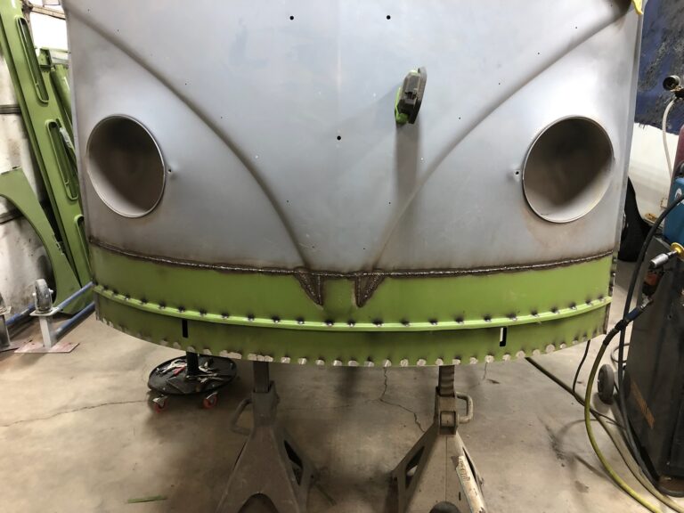 1954 23 window barndoor deluxe vw bus lower nose rust repair silver lining auto restoration