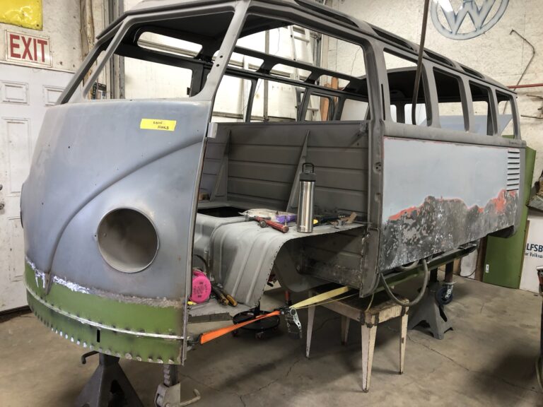 1954 23 window barndoor deluxe vw bus lower nose rust repair silver lining auto restoration