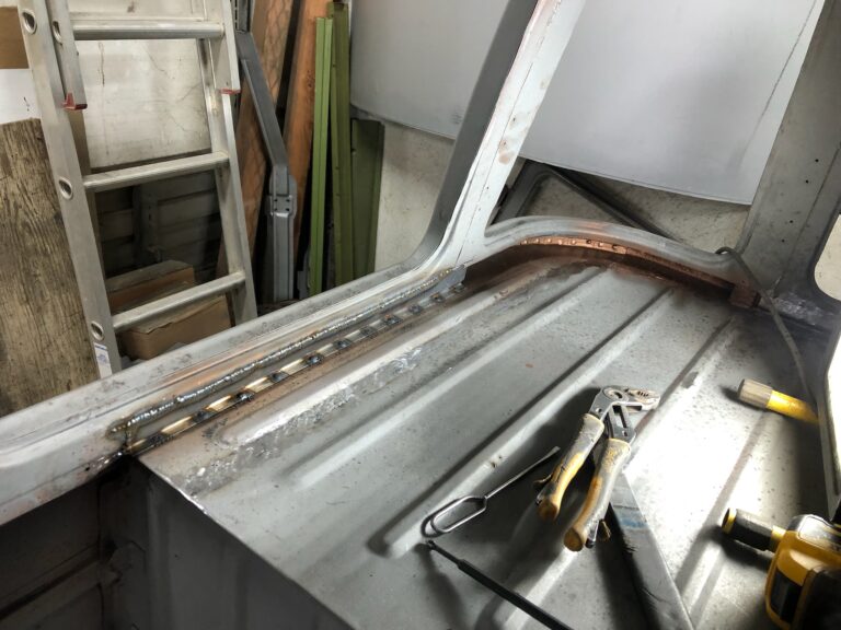1954 23 window barndoor deluxe vw bus rust repair on corner windows and rear hatch opening silver lining auto restoration