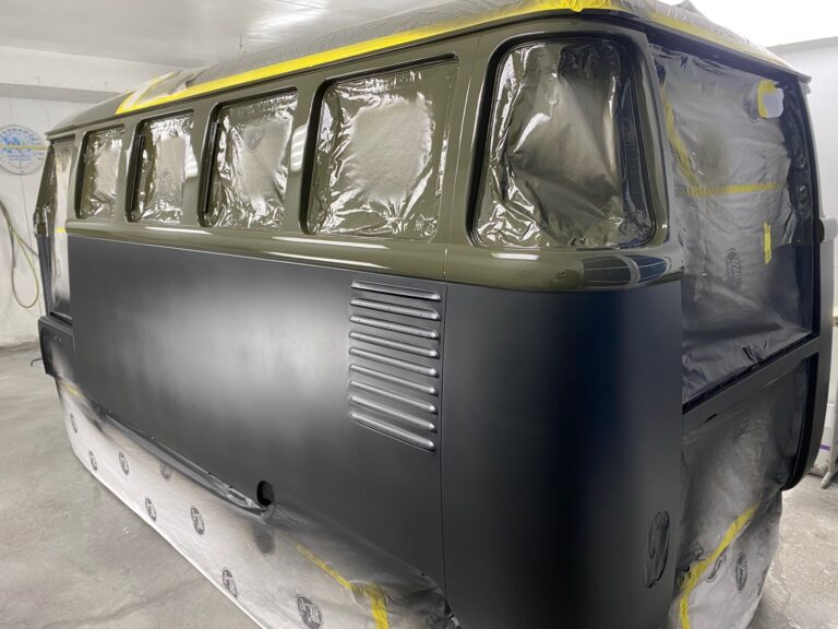 1962 15 window deluxe vw bus base and clear coats of paint silver lining auto restoration oregon
