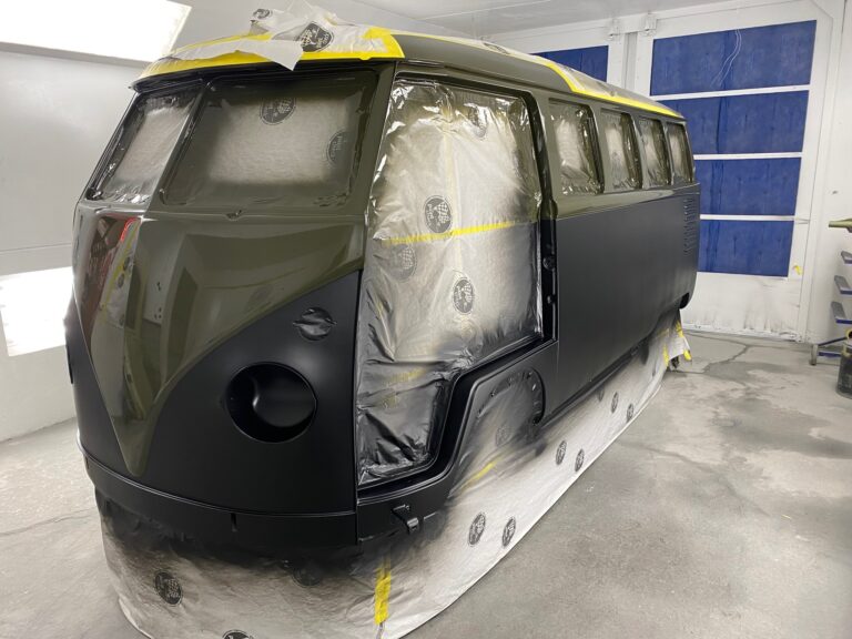 1962 15 window deluxe vw bus base and clear coats of paint silver lining auto restoration oregon
