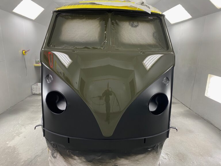 1962 15 window deluxe vw bus base and clear coats of paint silver lining auto restoration oregon