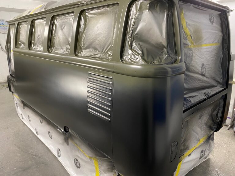 1962 15 window deluxe vw bus base and clear coats of paint silver lining auto restoration oregon