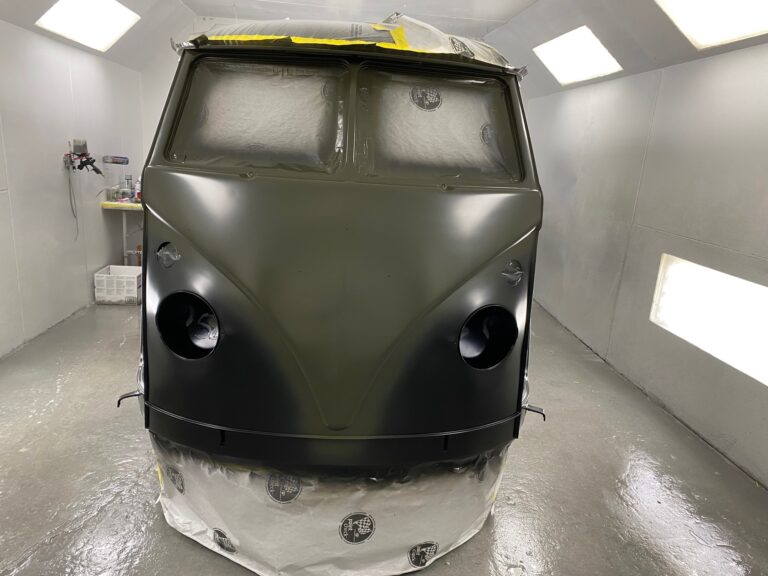 1962 15 window deluxe vw bus base and clear coats of paint silver lining auto restoration oregon