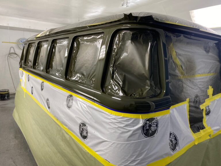 1962 15 window deluxe vw bus base and clear coats of paint silver lining auto restoration oregon