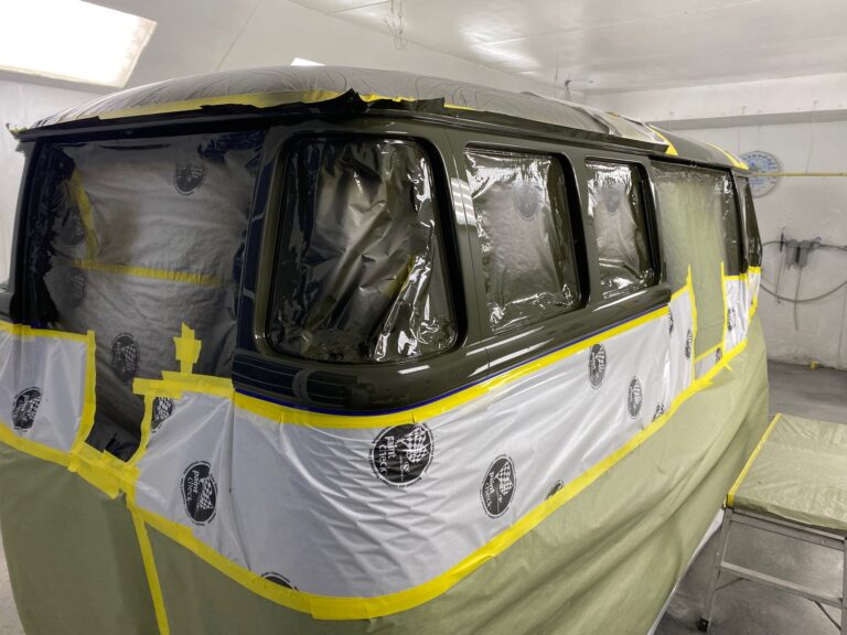 1962 15 window deluxe vw bus base and clear coats of paint silver lining auto restoration oregon