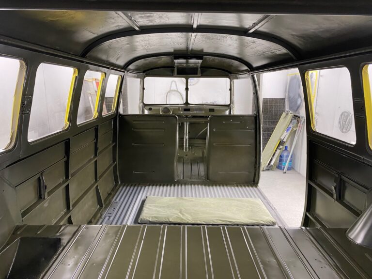 1962 15 window deluxe vw bus body in sealer silver lining auto restoration oregon