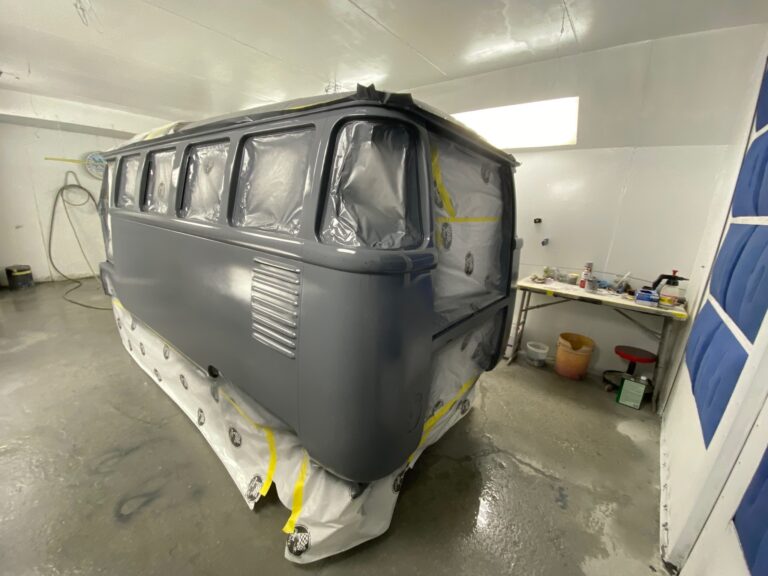 1962 15 window deluxe vw bus body in sealer silver lining auto restoration oregon