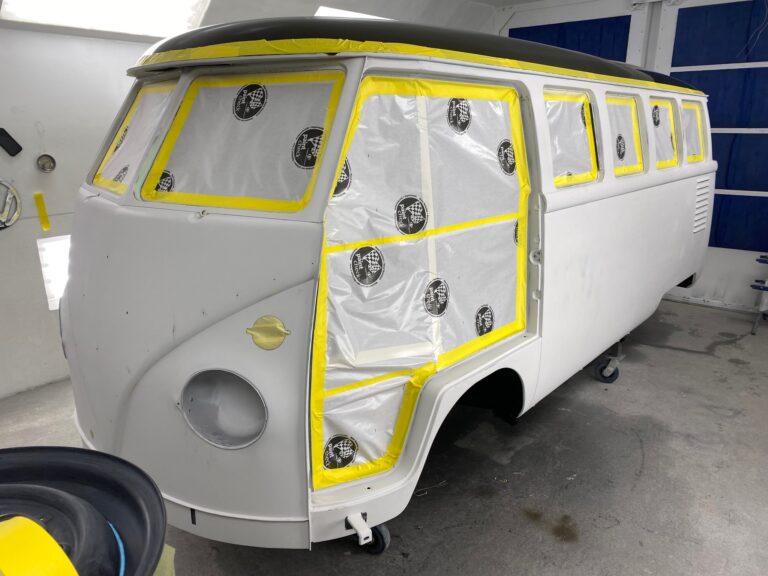 1962 15 window deluxe vw bus body in sealer silver lining auto restoration oregon