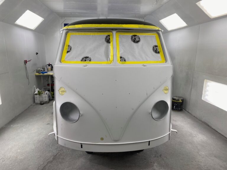 1962 15 window deluxe vw bus body in sealer silver lining auto restoration oregon