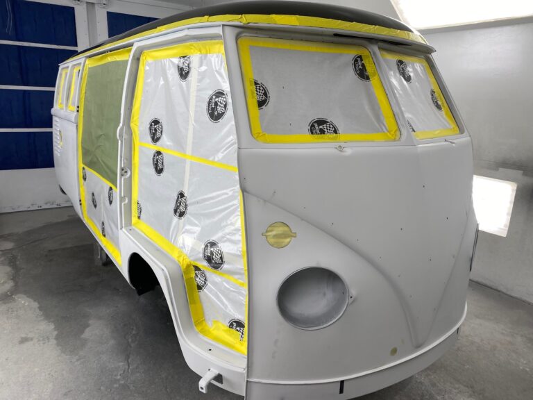 1962 15 window deluxe vw bus body in sealer silver lining auto restoration oregon
