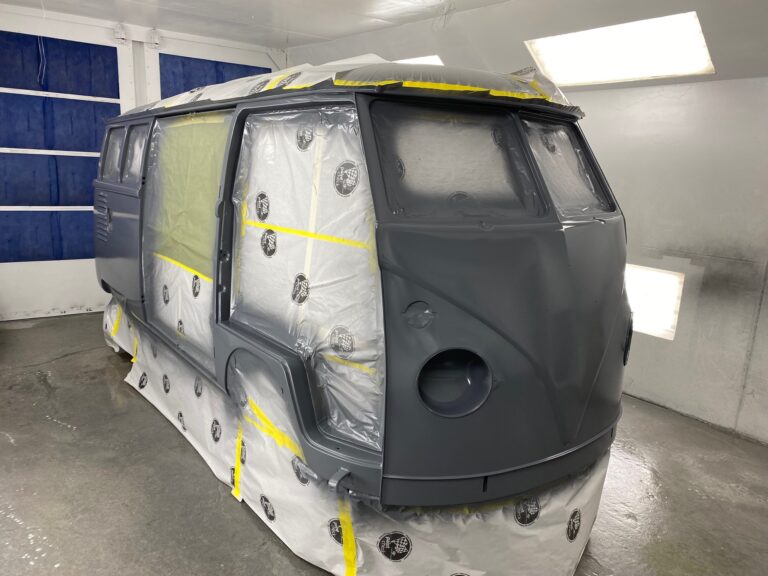 1962 15 window deluxe vw bus body in sealer silver lining auto restoration oregon