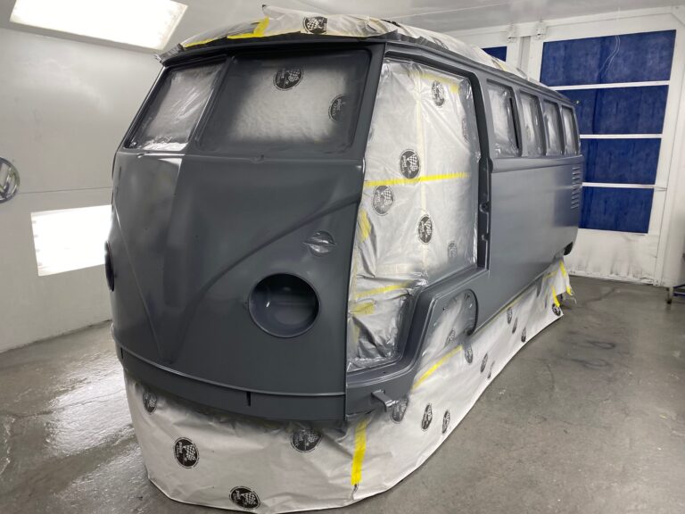 1962 15 window deluxe vw bus body in sealer silver lining auto restoration oregon