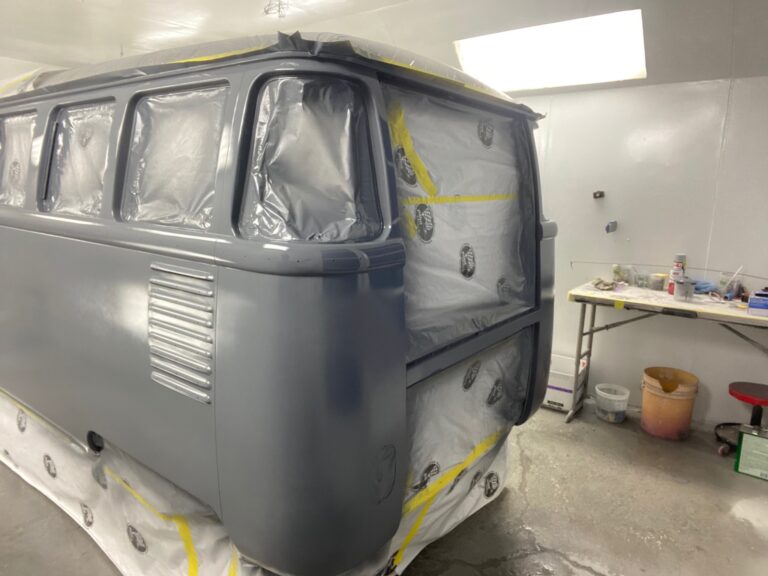 1962 15 window deluxe vw bus body in sealer silver lining auto restoration oregon