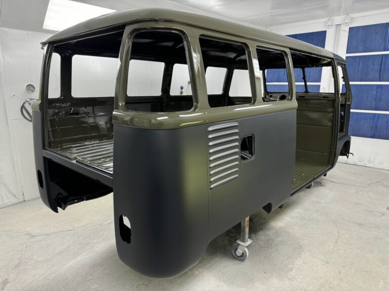 1962 15 window deluxe vw bus interior paint and full paint job silver lining auto restoration oregon