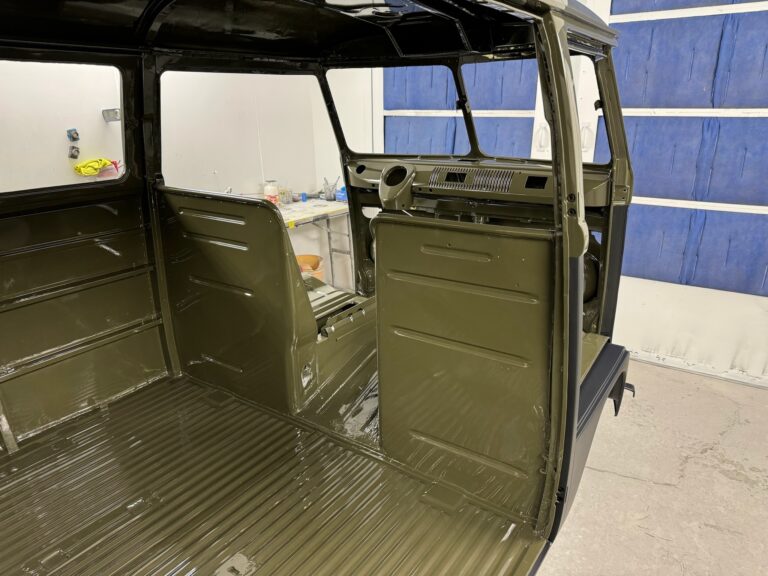 1962 15 window deluxe vw bus interior paint and full paint job silver lining auto restoration oregon