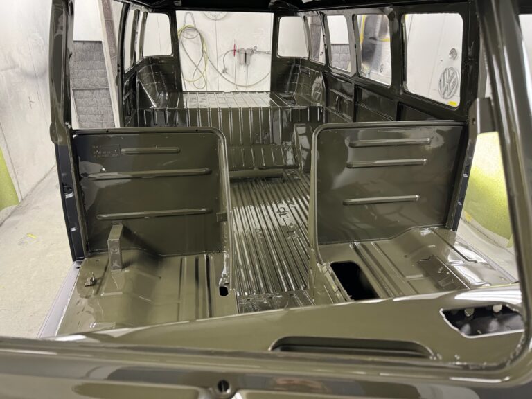 1962 15 window deluxe vw bus interior paint and full paint job silver lining auto restoration oregon