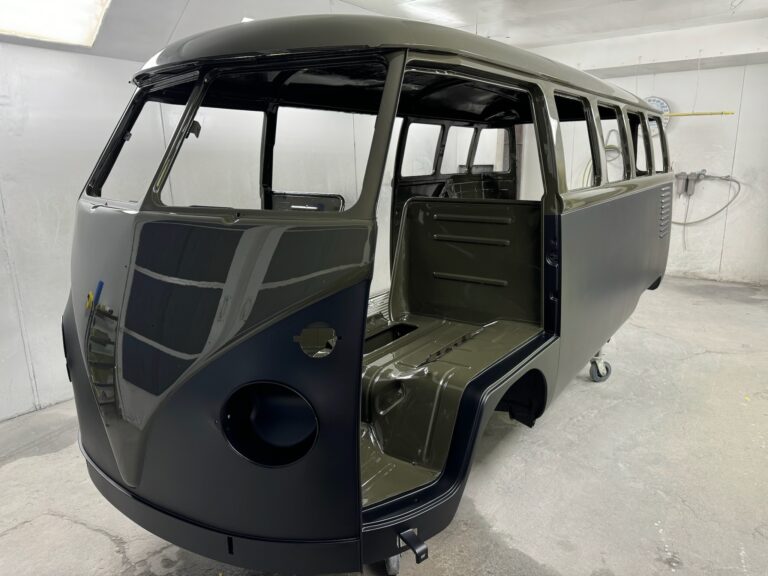 1962 15 window deluxe vw bus interior paint and full paint job silver lining auto restoration oregon