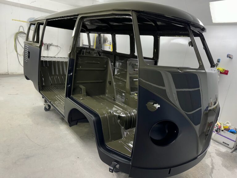 1962 15 window deluxe vw bus interior paint and full paint job silver lining auto restoration oregon