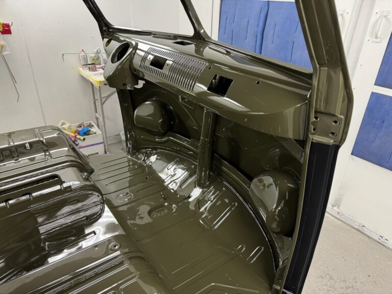 1962 15 window deluxe vw bus interior paint and full paint job silver lining auto restoration oregon