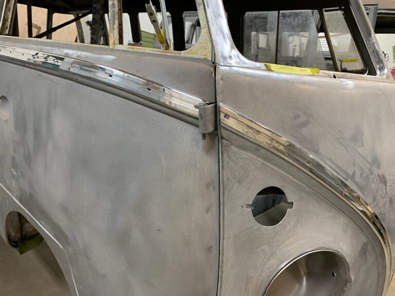 1962 15 window deluxe vw bus deluxe trim and safari window install silver lining auto restoration oregon