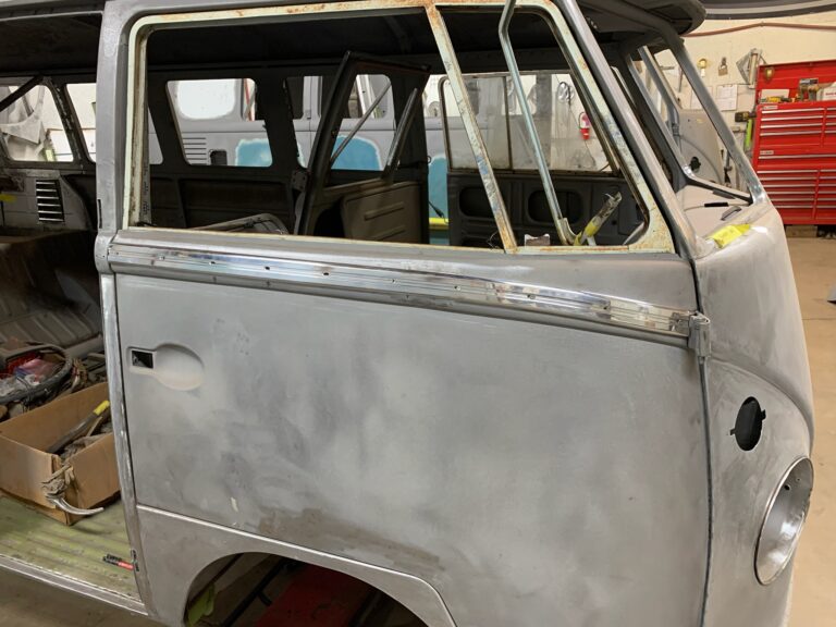 1962 15 window deluxe vw bus deluxe trim and safari window install silver lining auto restoration oregon