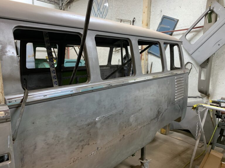 1962 15 window deluxe vw bus deluxe trim and safari window install silver lining auto restoration oregon