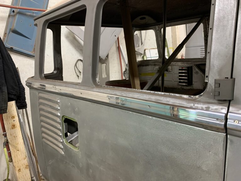 1962 15 window deluxe vw bus deluxe trim and safari window install silver lining auto restoration oregon