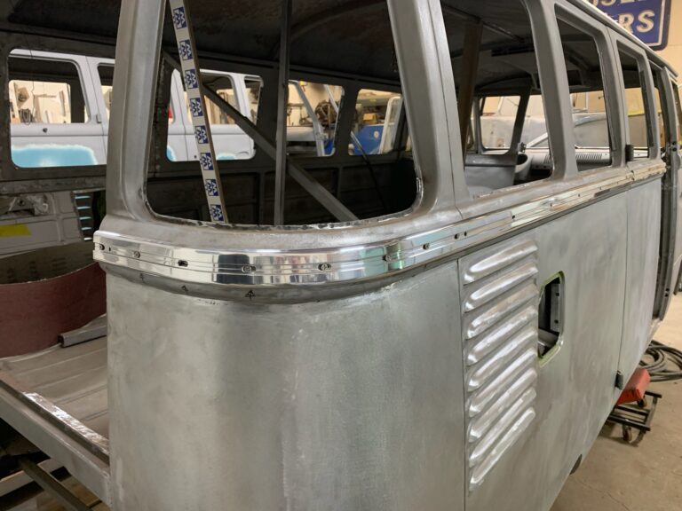1962 15 window deluxe vw bus deluxe trim and safari window install silver lining auto restoration oregon