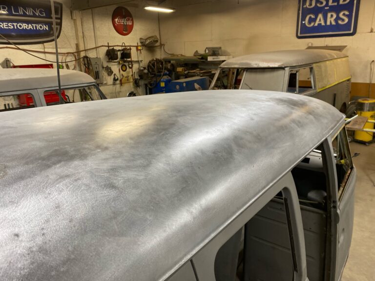1962 15 window deluxe vw bus wheel well replacement and metal work silver lining auto restoration oregon