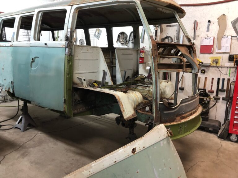 1962 15 window vw deluxe bus metal work continues silver lining auto restoration oregon