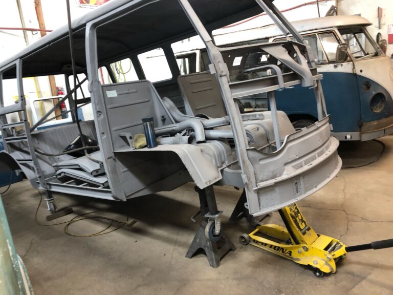 1962 15 window deluxe bus restoration nose replacement and metal work silver lining auto restoration