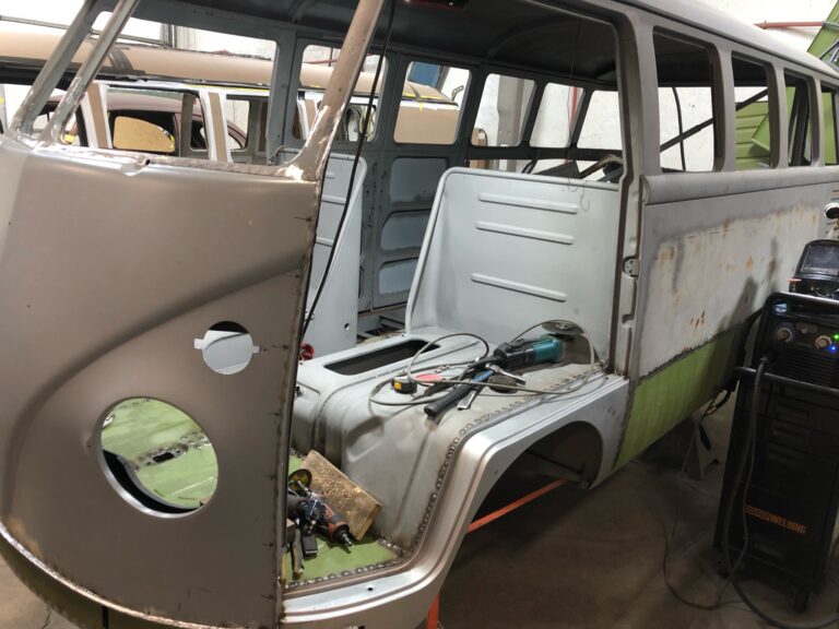 1962 15 window deluxe bus restoration nose replacement and metal work silver lining auto restoration