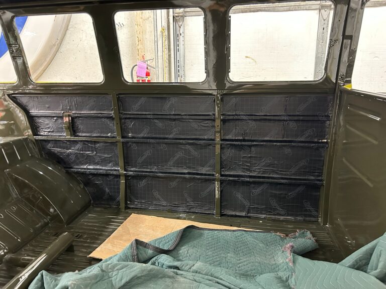 1962 15 window deluxe vw bus sound deadening silver lining auto restoration oregon