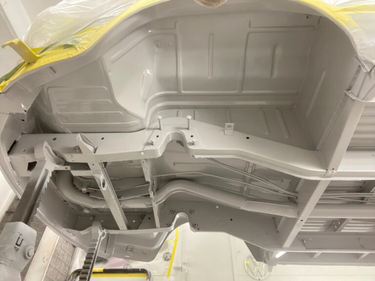 1962 15 window deluxe vw bus restoration undercarriage texture coat silver lining auto restoration