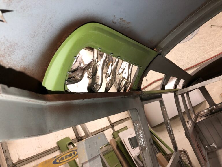 1954 23 window deluxe vw bus sky light window rust repair silver lining auto restoration