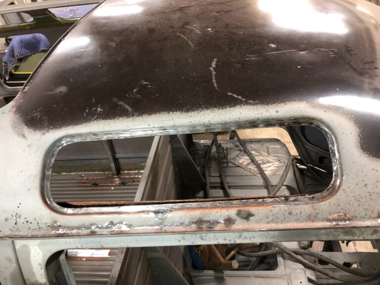 1954 23 window deluxe vw bus sky light window rust repair silver lining auto restoration