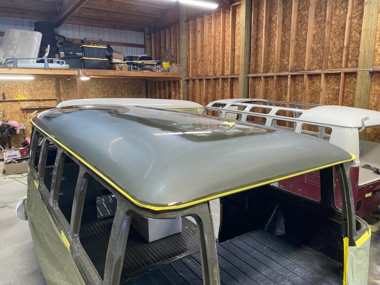 1962 15 window deluxe vw bus cut and buff of green paint silver lining auto restoration