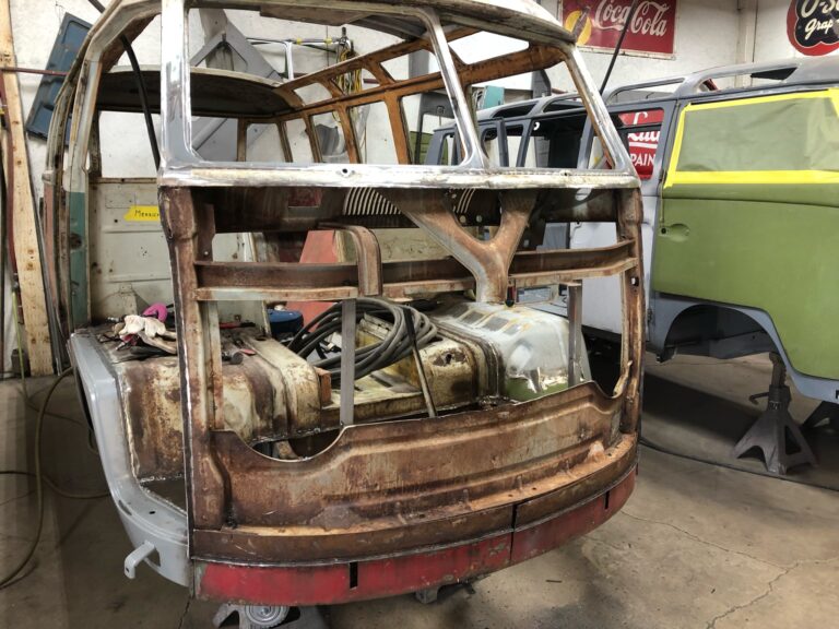 1963 23 window deluxe vw bus sheet metal removal silver lining auto restoration