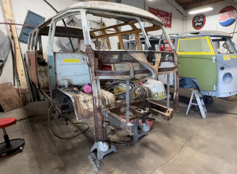 1963 23 window deluxe vw bus sheet metal removal silver lining auto restoration