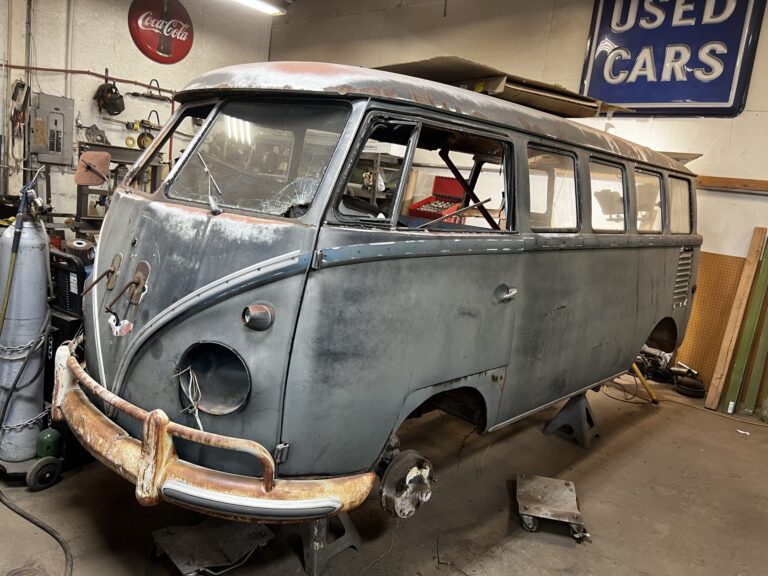 1960 15 window deluxe vw bus arrival at shop silver lining auto restoration