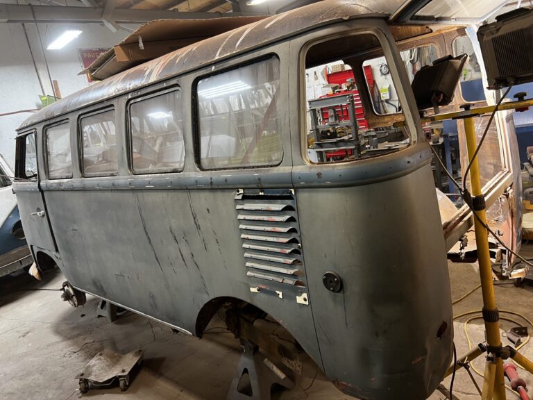1960 15 window deluxe vw bus arrival at shop silver lining auto restoration