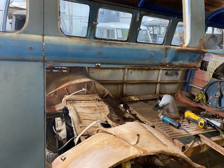 1960 15 window deluxe vw bus arrival at shop silver lining auto restoration