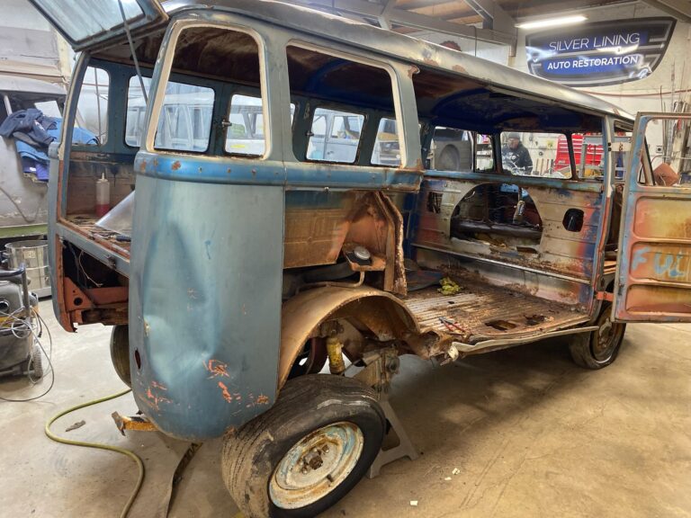 1960 15 window deluxe vw bus arrival at shop silver lining auto restoration