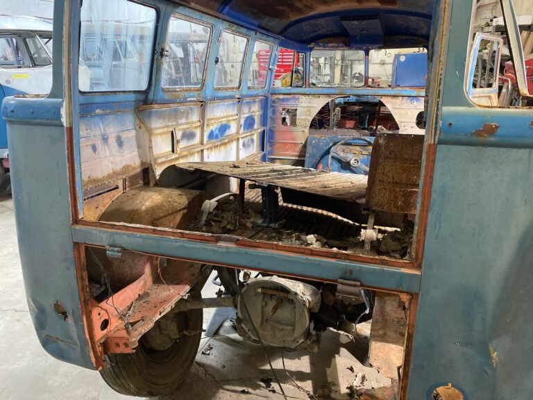 1960 15 window deluxe vw bus arrival at shop silver lining auto restoration