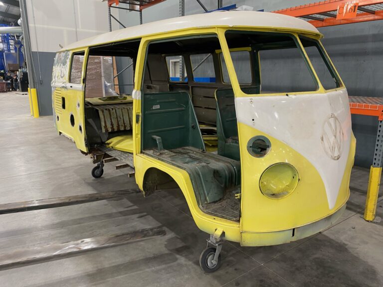 1966 vw microbus arrival and post media blast silver lining auto restoration