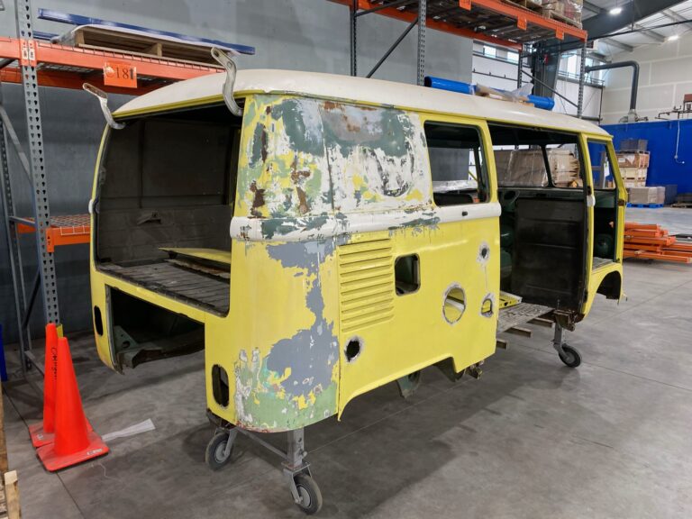 1966 vw microbus arrival and post media blast silver lining auto restoration