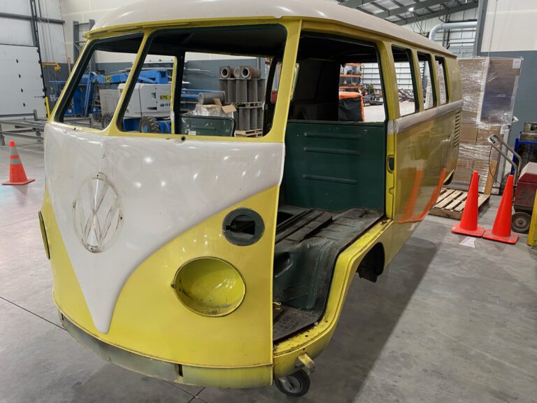 1966 vw microbus arrival and post media blast silver lining auto restoration