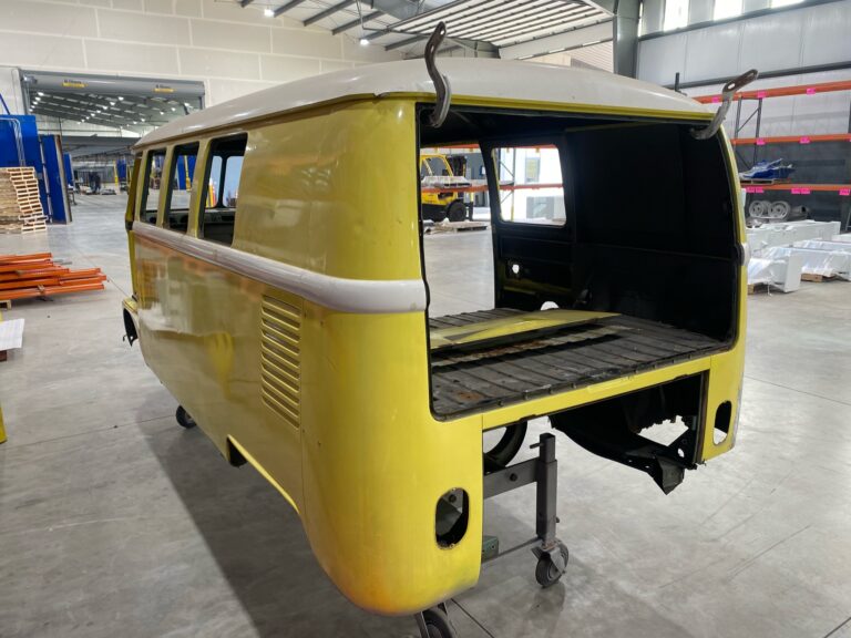1966 vw microbus arrival and post media blast silver lining auto restoration