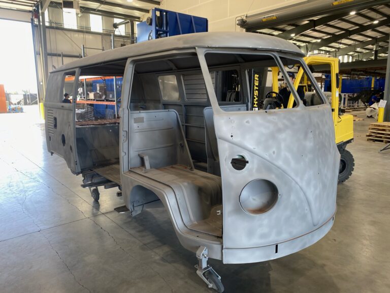 1966 vw microbus arrival and post media blast silver lining auto restoration